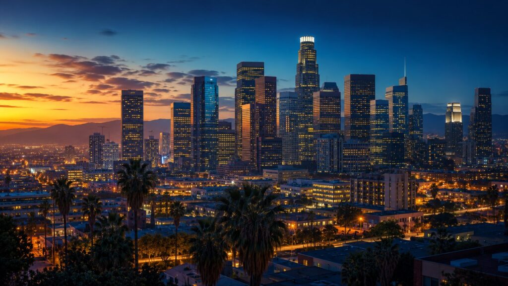 Downtown Los Angeles skyline at dusk with illuminated high-rise buildings, palm trees, and city lights glowing beneath a California sunset.