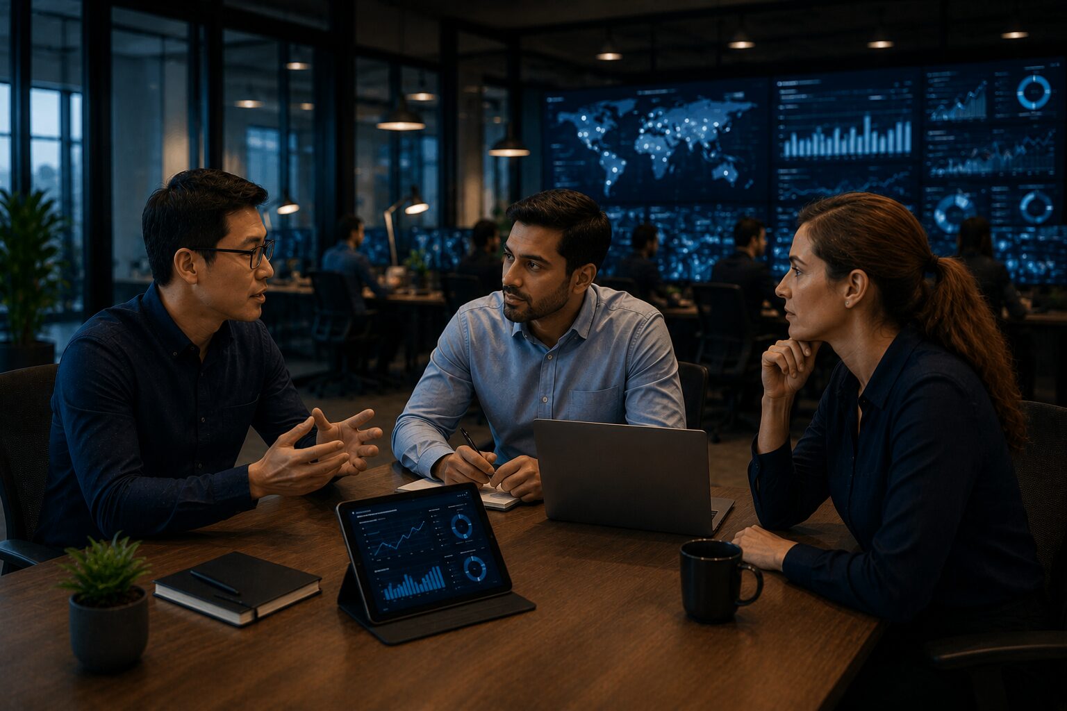 IT team and business stakeholders collaborating on co-managed IT services strategy with network monitoring dashboards displayed in the background