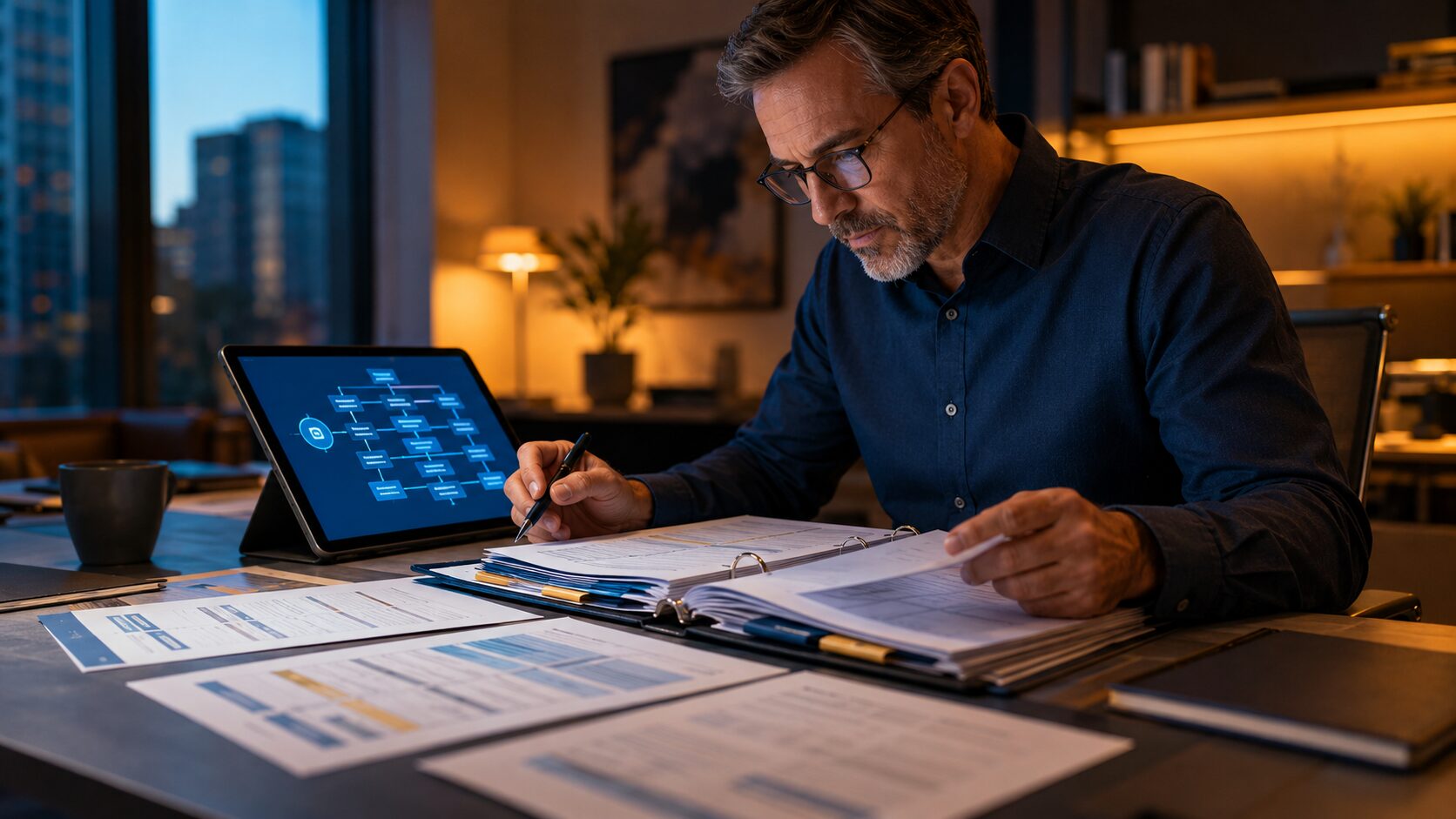 Governance professional reviewing a structured AI policy framework with organized documents and a digital governance diagram in a modern office.
