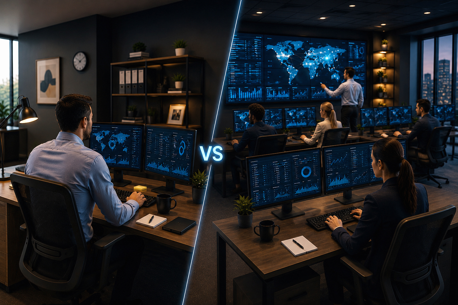 Split image comparing a solo in-house security analyst at a dual-monitor workstation versus a full managed security operations center team monitoring a global threat map