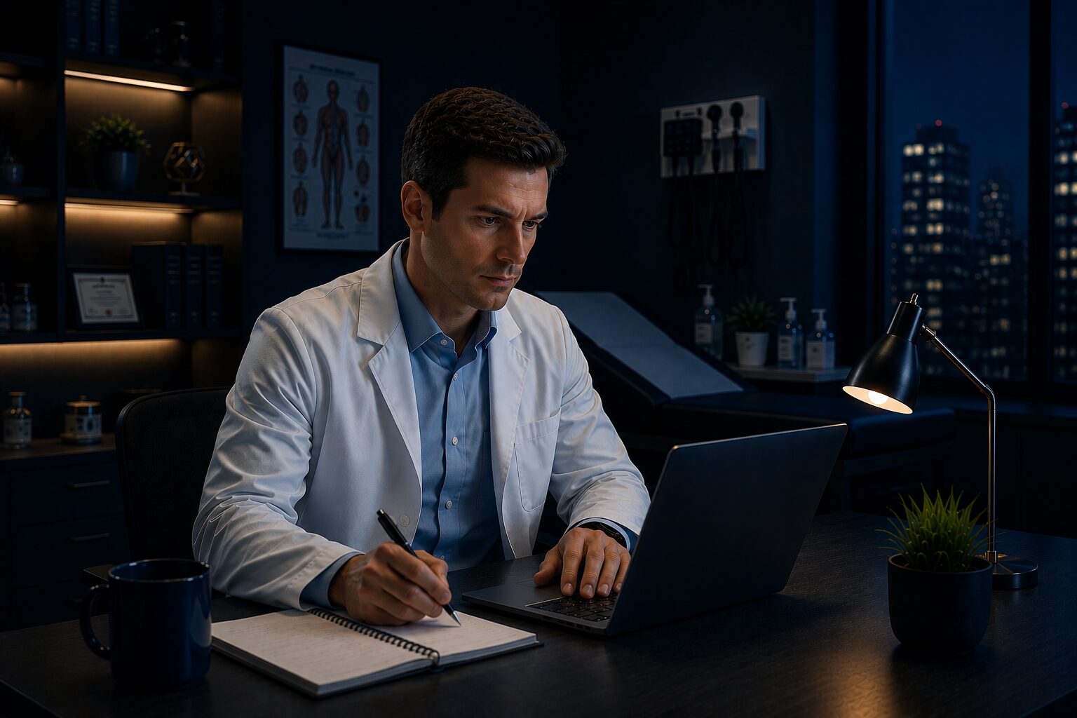Doctor reviewing managed IT services options on a laptop in a clinical office at night