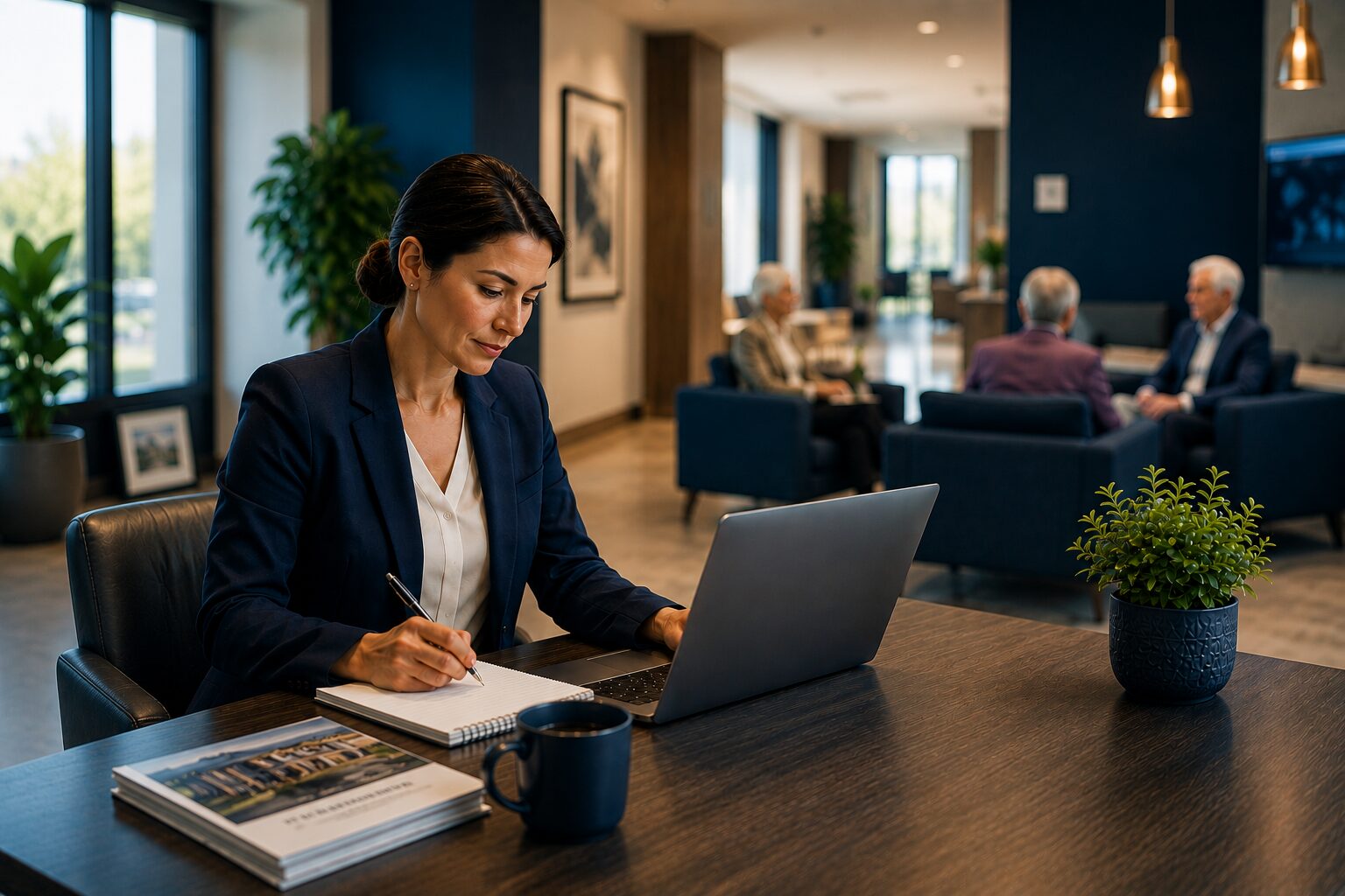 Senior living administrator working on a laptop in a community common area with residents in the background, representing managed IT services planning for senior living facilities
