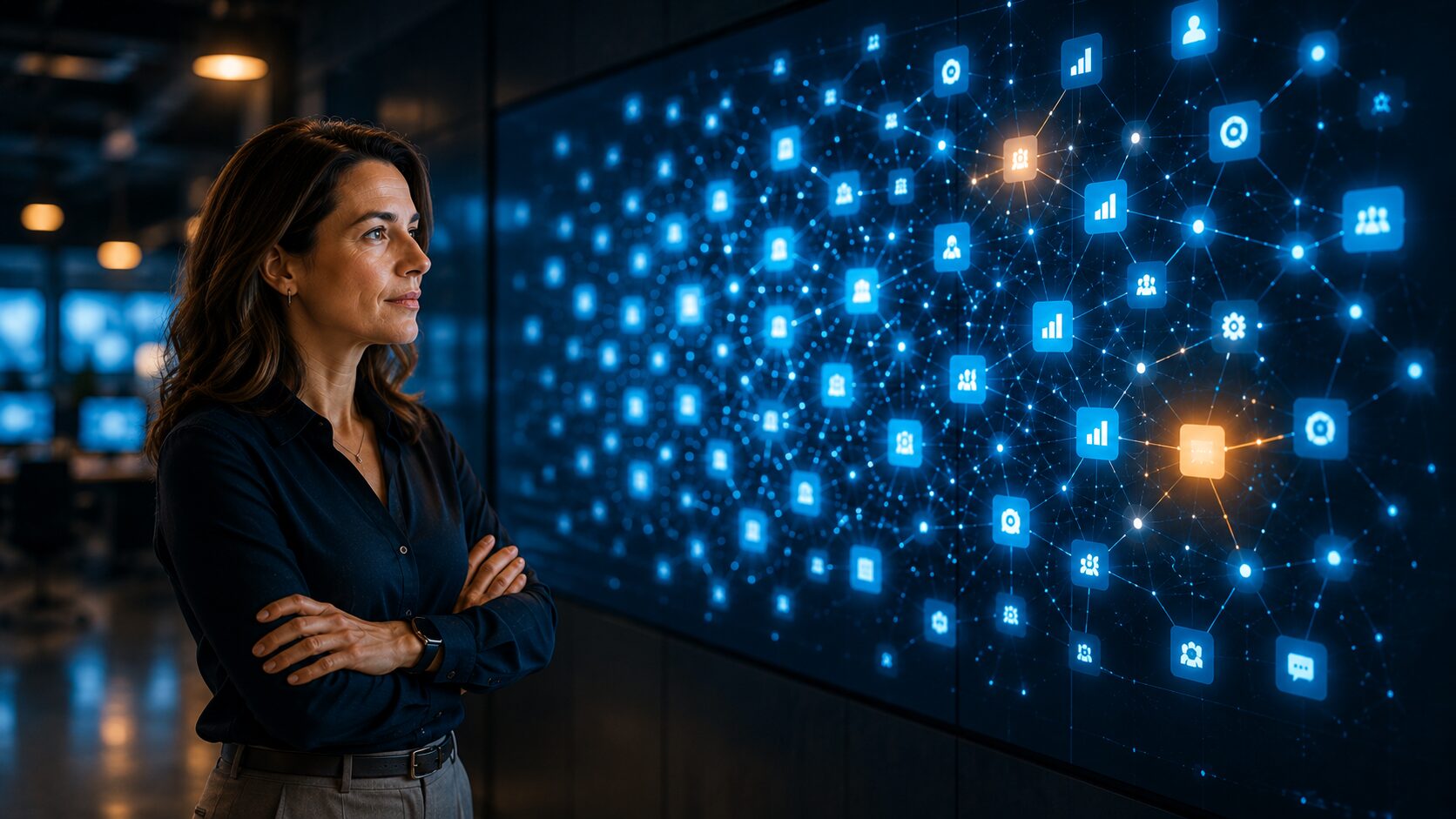 A composed female security leader stands in a modern security operations center, studying a large wall of abstract network activity where glowing AI app tiles and connected nodes multiply rapidly across the display. Most nodes glow cool cyan and white, while a few subtle amber nodes indicate unmanaged AI use. The premium operations space is softly blurred behind her. Her face is evenly lit by the display, conveying calm focus and control as AI adoption visibly outpaces organizational oversight. No text, logos, padlocks, binary code, or warning graphics. 16:9 cinematic corporate technology scene.