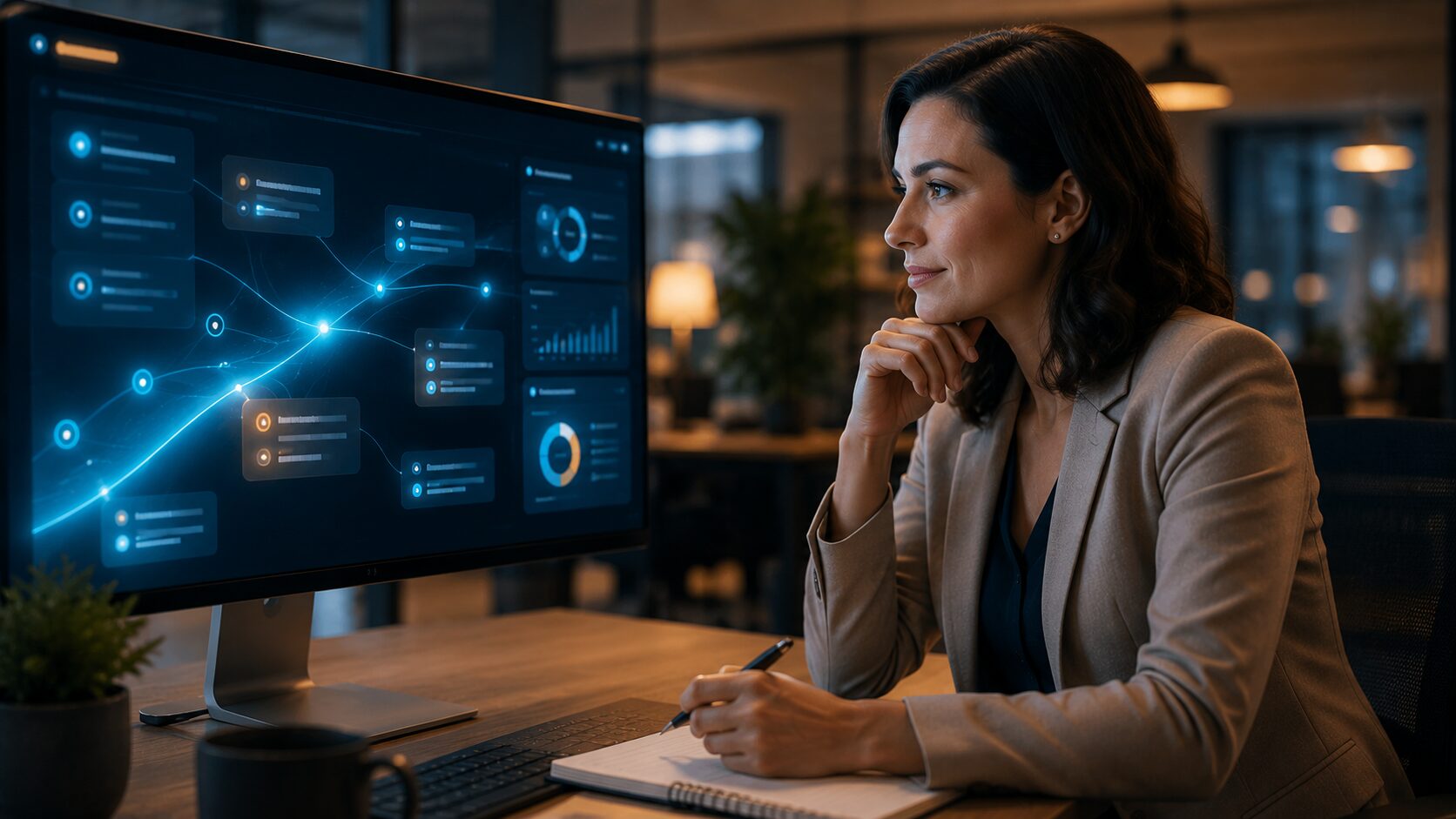 Business professional using an AI-powered productivity assistant on a modern desktop interface in a contemporary office environment.