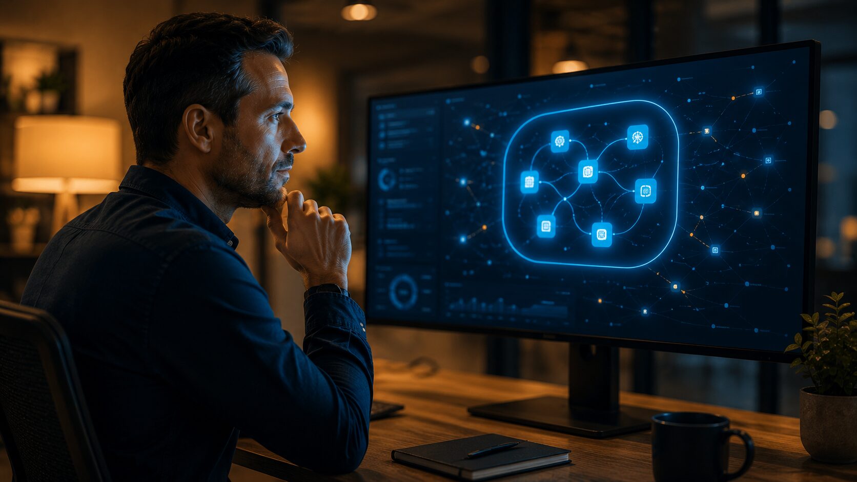 IT leader reviewing a private AI environment on a large monitor displaying an abstract, self-contained AI network protected within a secure boundary in a modern office.