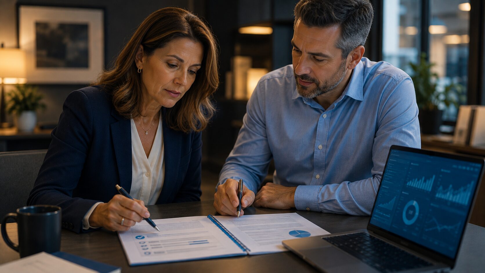 Healthcare compliance leader and colleague reviewing a corrective action plan and audit findings together in a modern office, with a laptop displaying an abstract remediation dashboard.