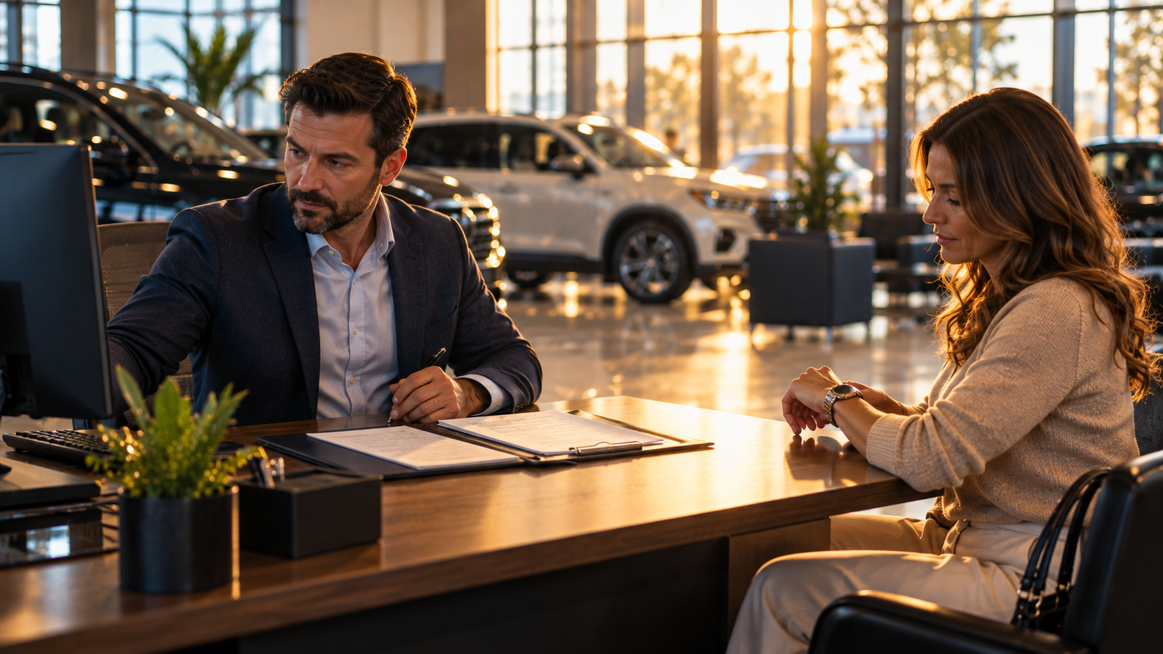 Dealership sales manager looking toward an unresponsive computer while a customer waits to sign paperwork at a desk inside a modern automotive showroom.