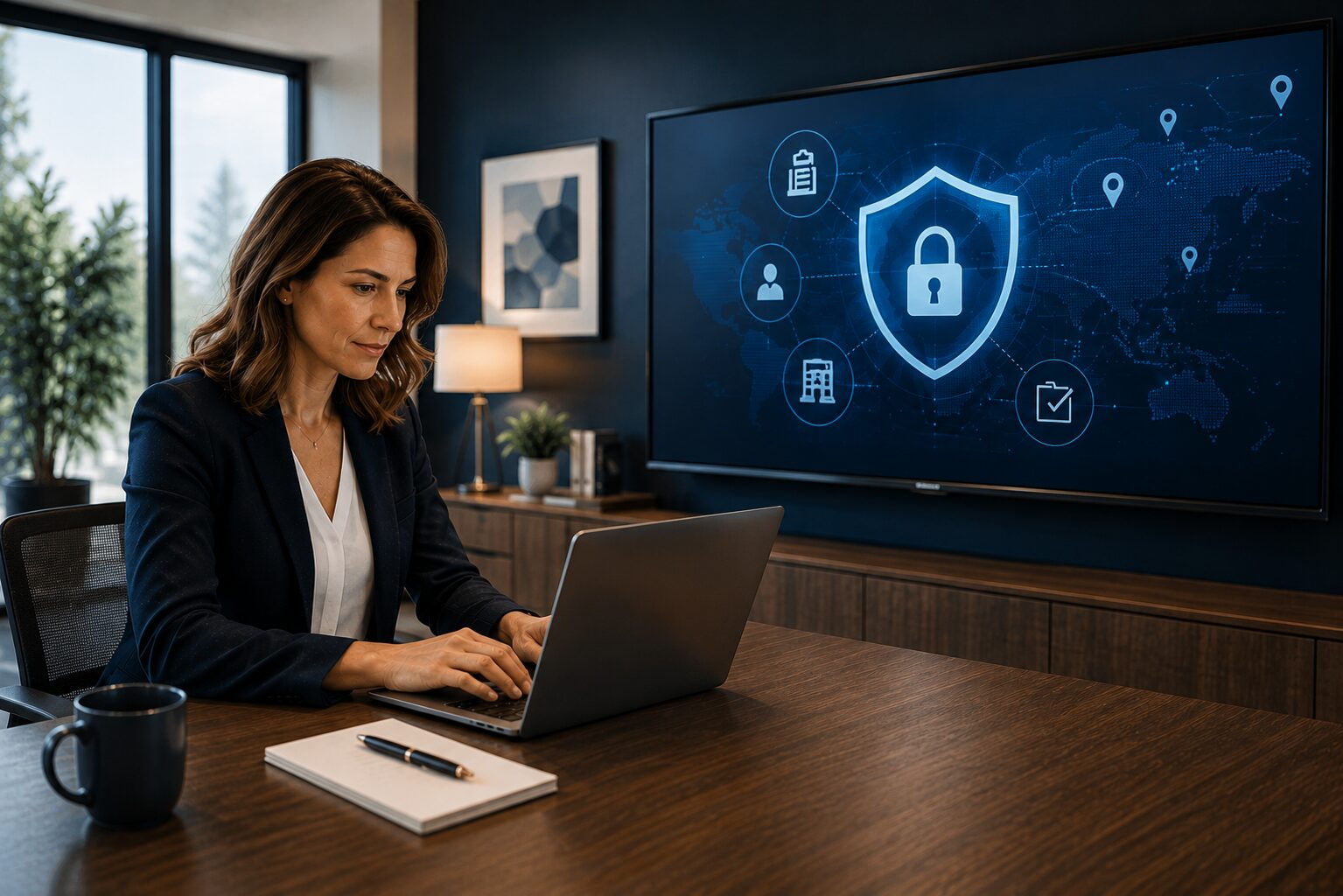 Woman working on laptop with global data security shield displayed on screen, illustrating cybersecurity compliance for behavioral health practices