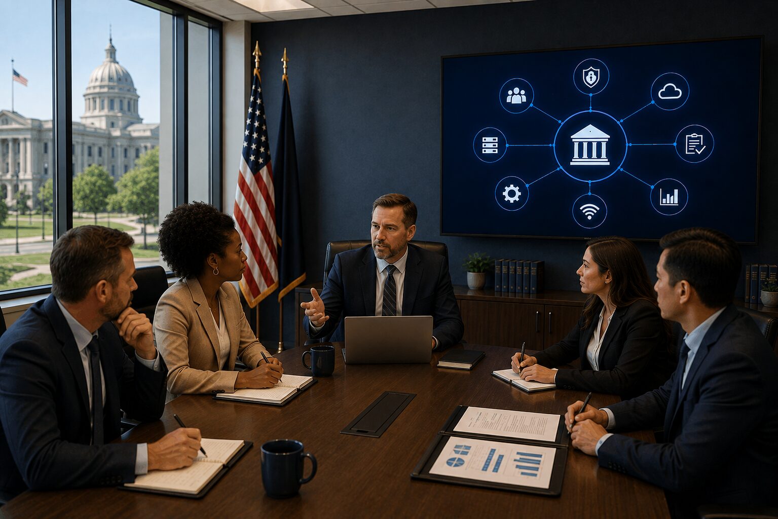 Officials meeting in government conference room with IT services icon dashboard, illustrating government IT solutions for municipalities and public agencies