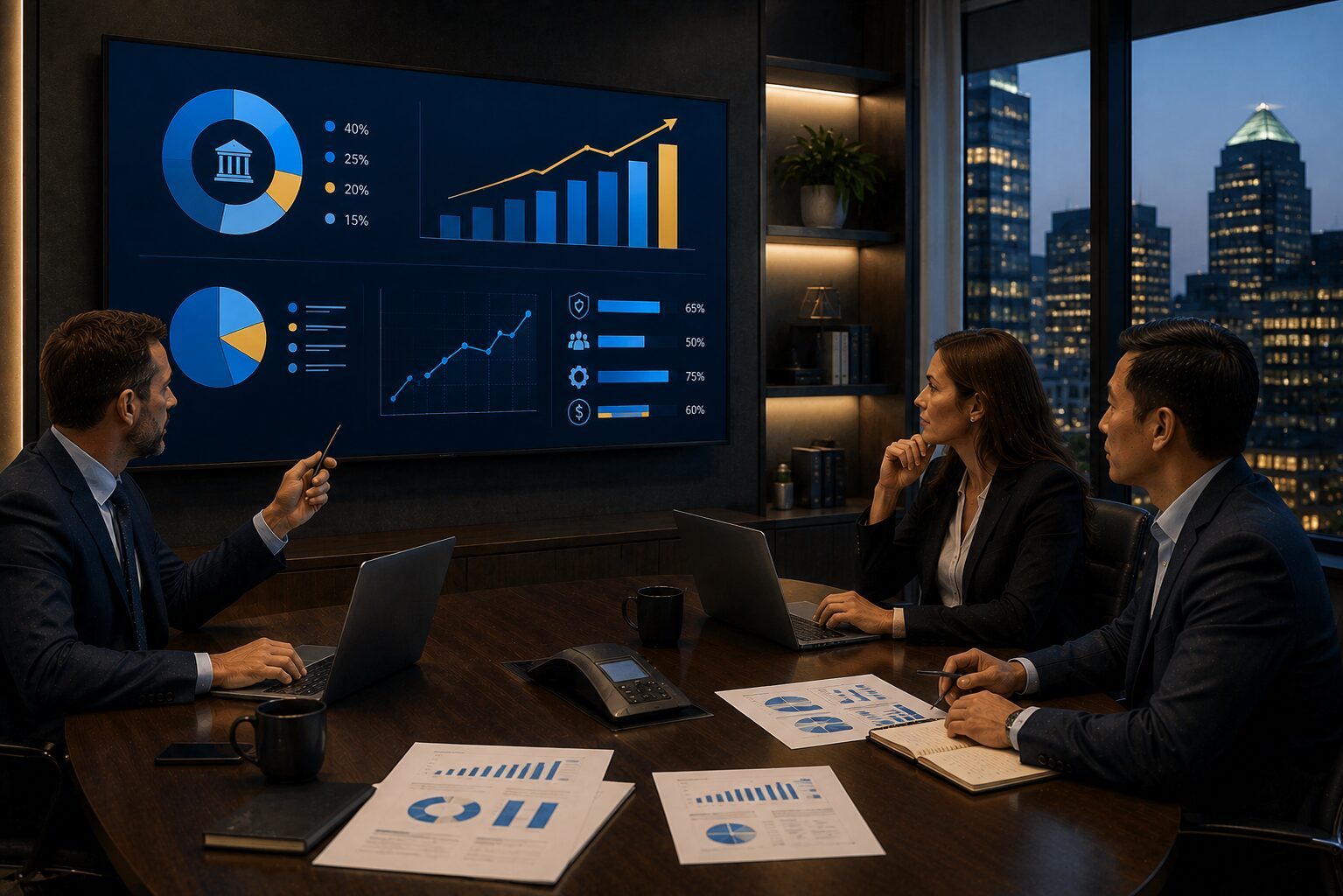 Executives reviewing IT spending charts and benchmarks on screen, illustrating IT budget benchmarks for financial services firms