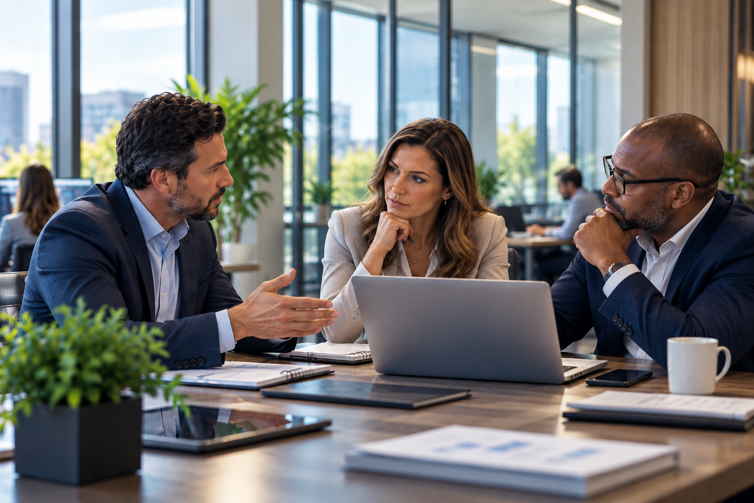 Business leaders discussing managed IT services strategy at conference table, illustrating the complete guide to managed IT services for mid-market businesses
