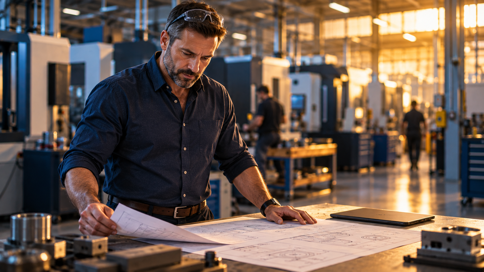 Manufacturing operations manager reviewing printed technical drawings at a workbench inside a modern precision manufacturing facility with CNC machines in the background.