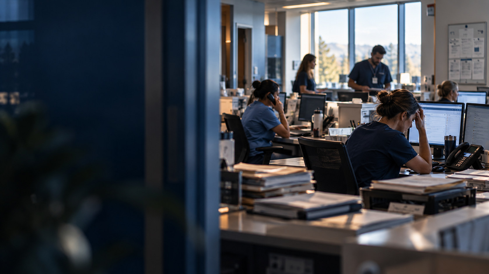Behavioral health staff managing patient records, phone calls, and administrative tasks at a busy nurses' station with multiple computer workstations.