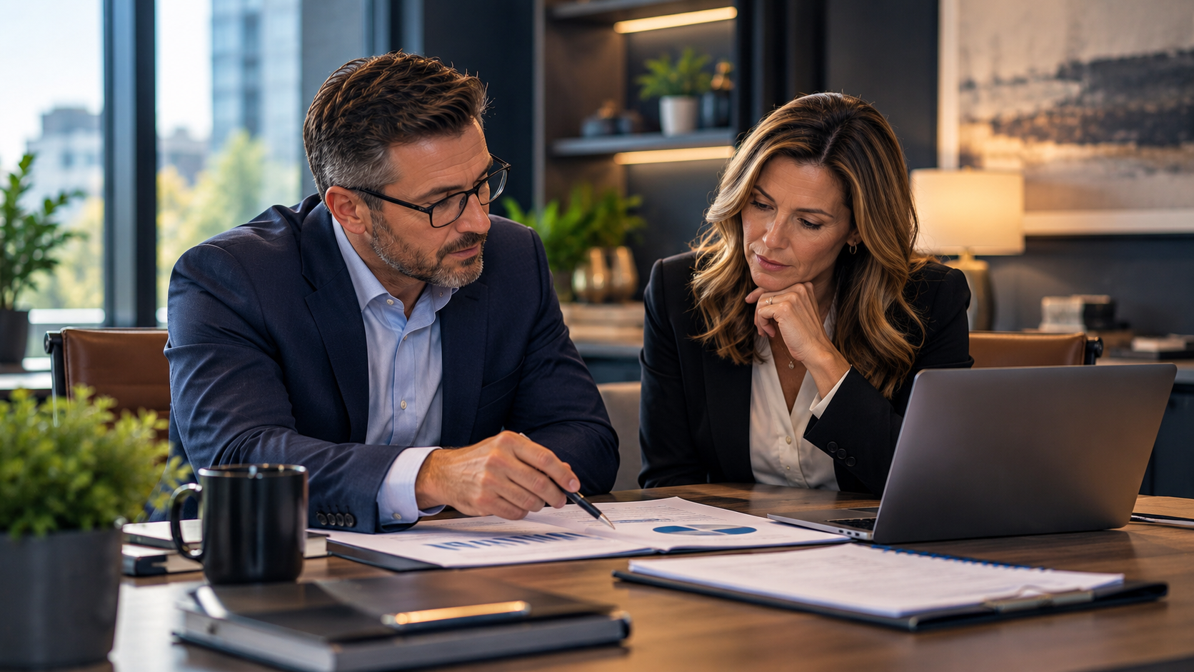 Two executives reviewing compliance reports at a conference table, illustrating how to match vCISO services to CMMC, HIPAA, and PCI DSS requirements