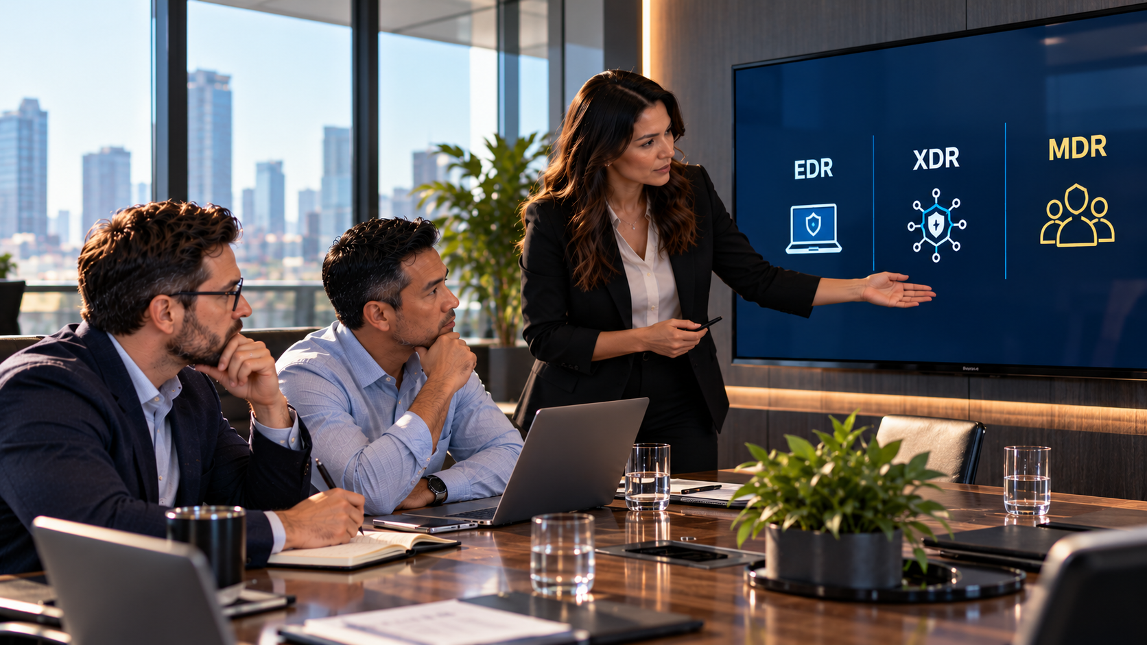 Presenter explaining EDR, XDR, and MDR security categories to colleagues in a conference room, illustrating the difference between MDR and EDR