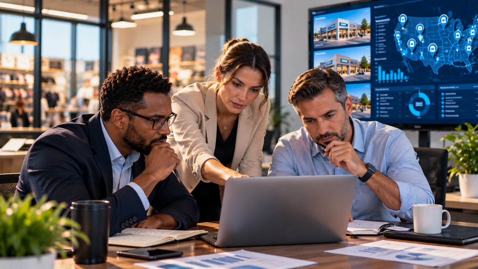 Three retail professionals reviewing store locations map and compliance data on laptop, illustrating PCI DSS 4.0 compliance for multi-location retailers