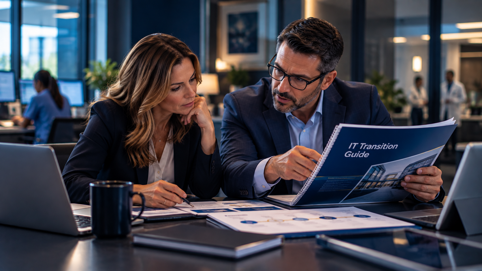 Two professionals reviewing an IT transition guide at a desk, illustrating how to evaluate switching healthcare IT providers
