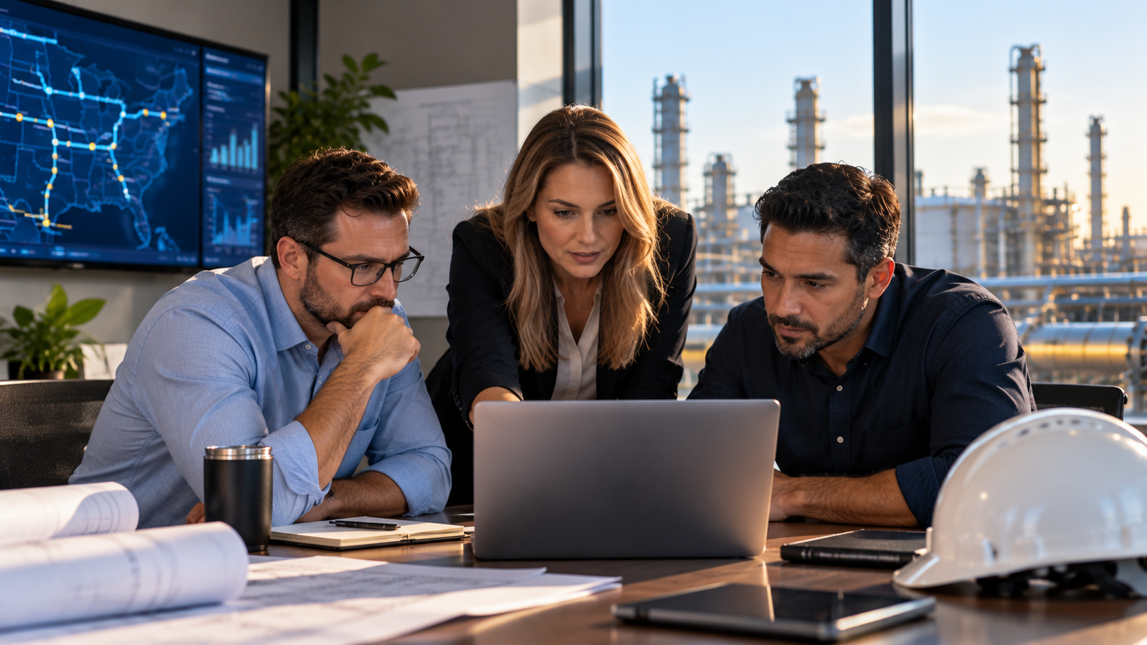 Three professionals reviewing pipeline network data on laptop with refinery in background, illustrating TSA pipeline security directive requirements